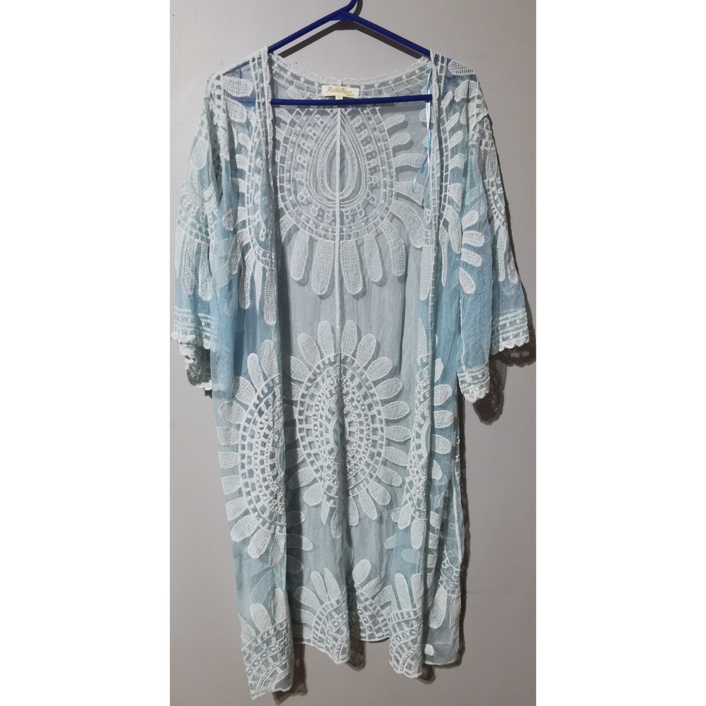 Rebellion Again Blue White Lace Kimono Cardigan Duster Bohemian Mesh Wrap Medium